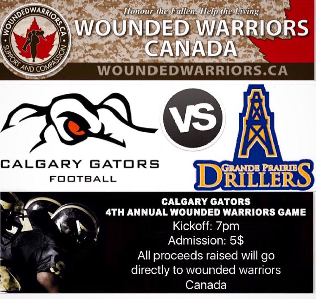 CalgaryGators's tweet photo. Come checkout our 4th Annual #WoundedWarriors game this weekend! 7pm Kickoff Shouldice Park. Proceeds raised go to WoundedWarriors Canada https://t.co/KkQvBnsup9