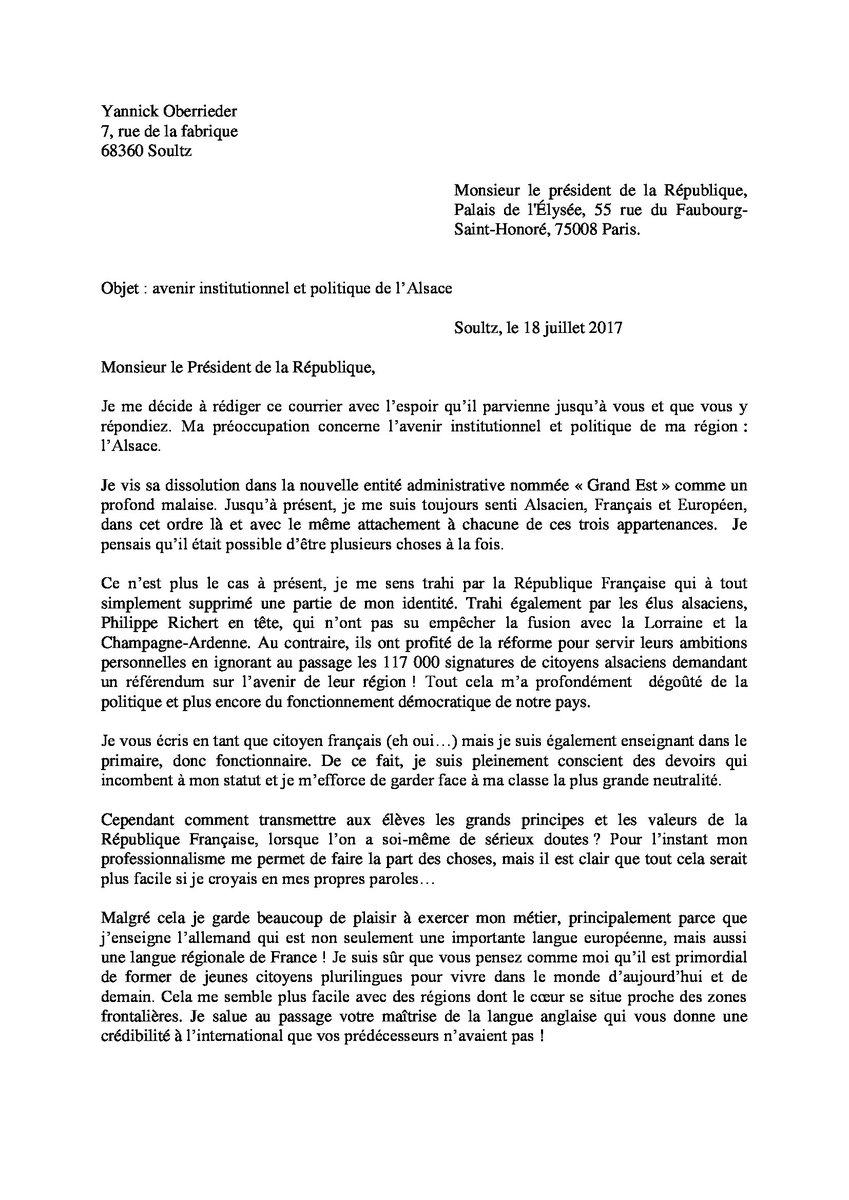 YannickObrd's tweet photo. Avez vs déjà pensé à écrire directement à @EmmanuelMacron pour lui donner votre vision de l'avenir de l'#Alsace? Moi c'est fait! #savealsace https://t.co/Dn4Dkwc28Q