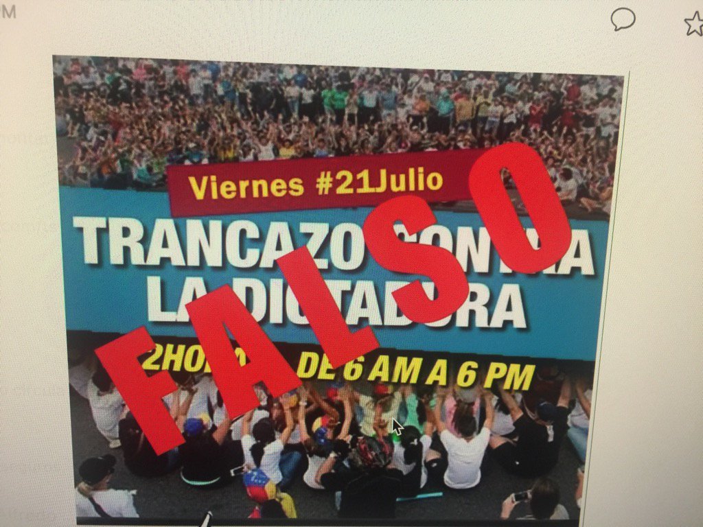 FALSO que haya trancazo mañana viernes 21 de julio en ninguna parte del pais. Aquí aviso de la MUD. Riéguenlo