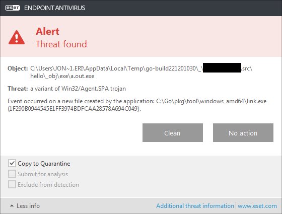 Hello World example detected as virus by ESET. <a href="/golang/">Go</a>
