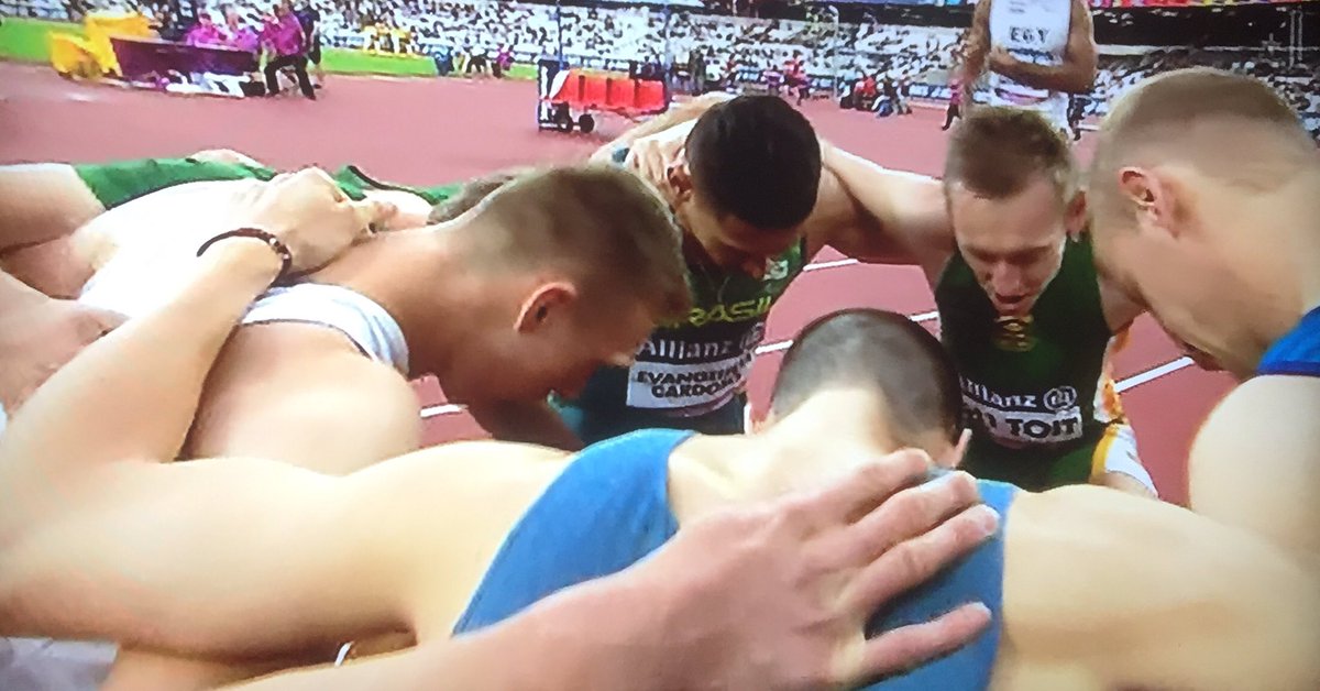 StMarysBec's tweet photo. Awesome scene at world para athletics champs. Prayers of thanks following men's 100m ending with "we love u Jesus!" @chelmsdio https://t.co/mzCOFNxFFG