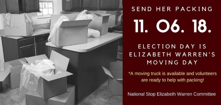 SendEm_Packing's tweet photo. Election day 2018 is @SenWarren moving day!!
Help send her packing today at https://t.co/2m1hJnxPZV #draintheswamp #maga #StopWarren https://t.co/XlcUCNHlOS