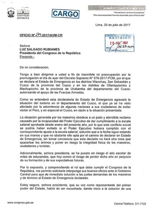 Armandovmap's tweet photo. Comparto el Oficio enviado a #LuzSalgado sobre la declaración de #EstadoDeEmergencia en ciudades del #Cusco https://t.co/RZgnW7dQzV
