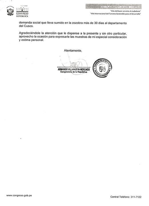 Armandovmap's tweet photo. Comparto el Oficio enviado a #LuzSalgado sobre la declaración de #EstadoDeEmergencia en ciudades del #Cusco https://t.co/RZgnW7dQzV