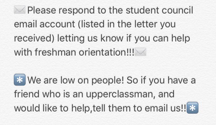 CouncilRhhs's tweet photo. ⚠️Attention all Junior and Senior Student Council members!! Please read this information regarding Freshman Orientation!!!⚠️ https://t.co/sVTlgjvZmc