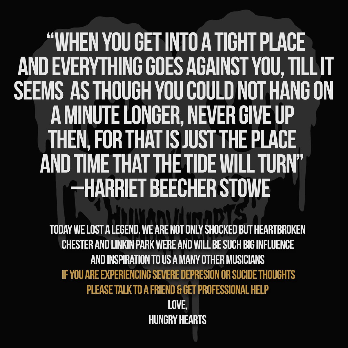 HungryHearts760's tweet photo. #RIPChesterBennington 
Mental illnesses and depression take people away from us every day.  Please talk to someone ♥ https://t.co/oy44IJqOUJ