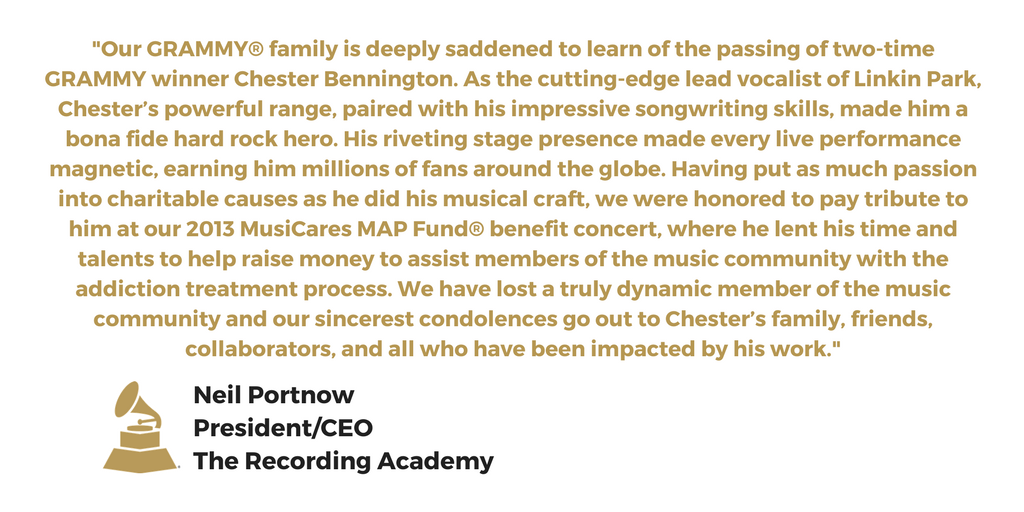 Grammys's tweet photo. Our heartfelt condolences go out to Chester Bennington’s family, friends, collaborators, and all who have been impacted by his work. https://t.co/pXpnWadqrd