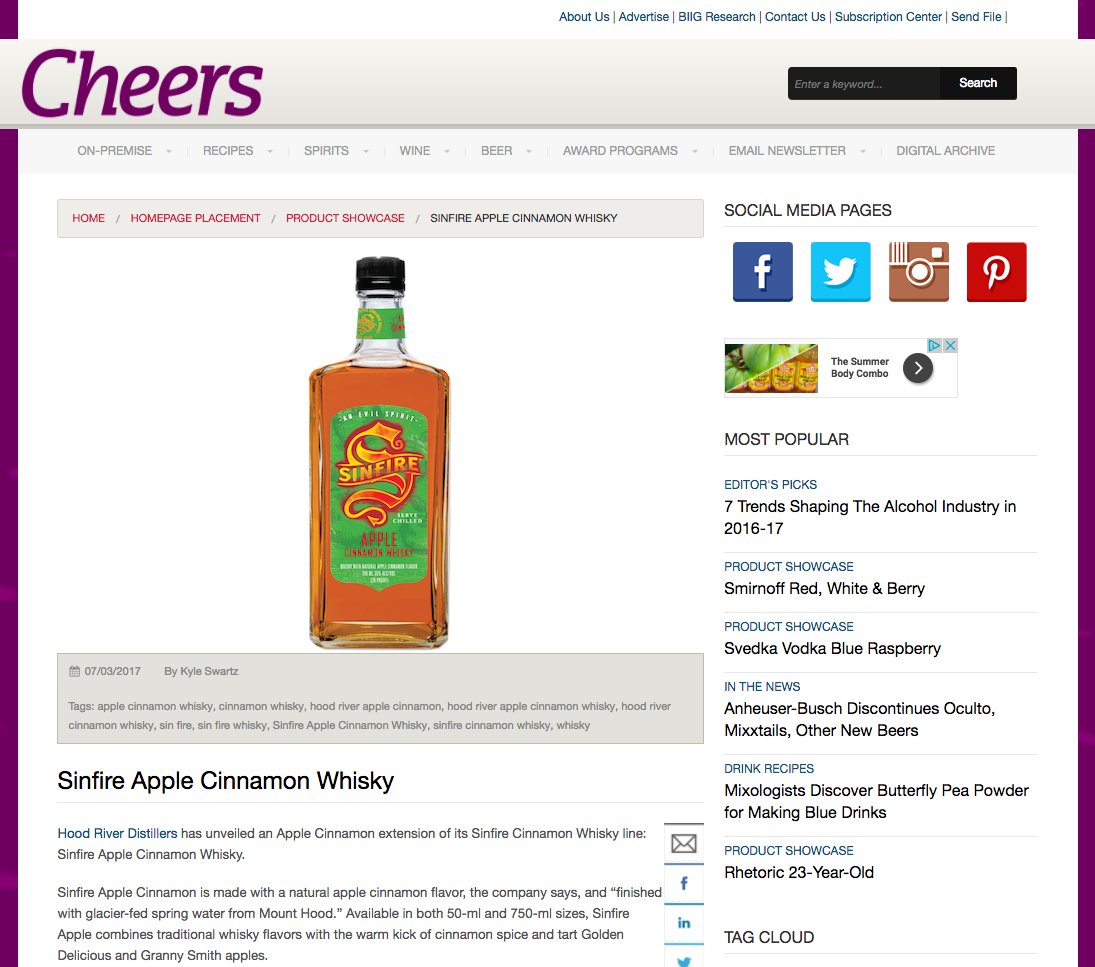 SinfireWhisky's tweet photo. Big shoutout to @cheersonline for this great write up on the release of #SinfireApple. Full article here: https://t.co/urz9u875HF #TBT https://t.co/ikV9wyW6bd