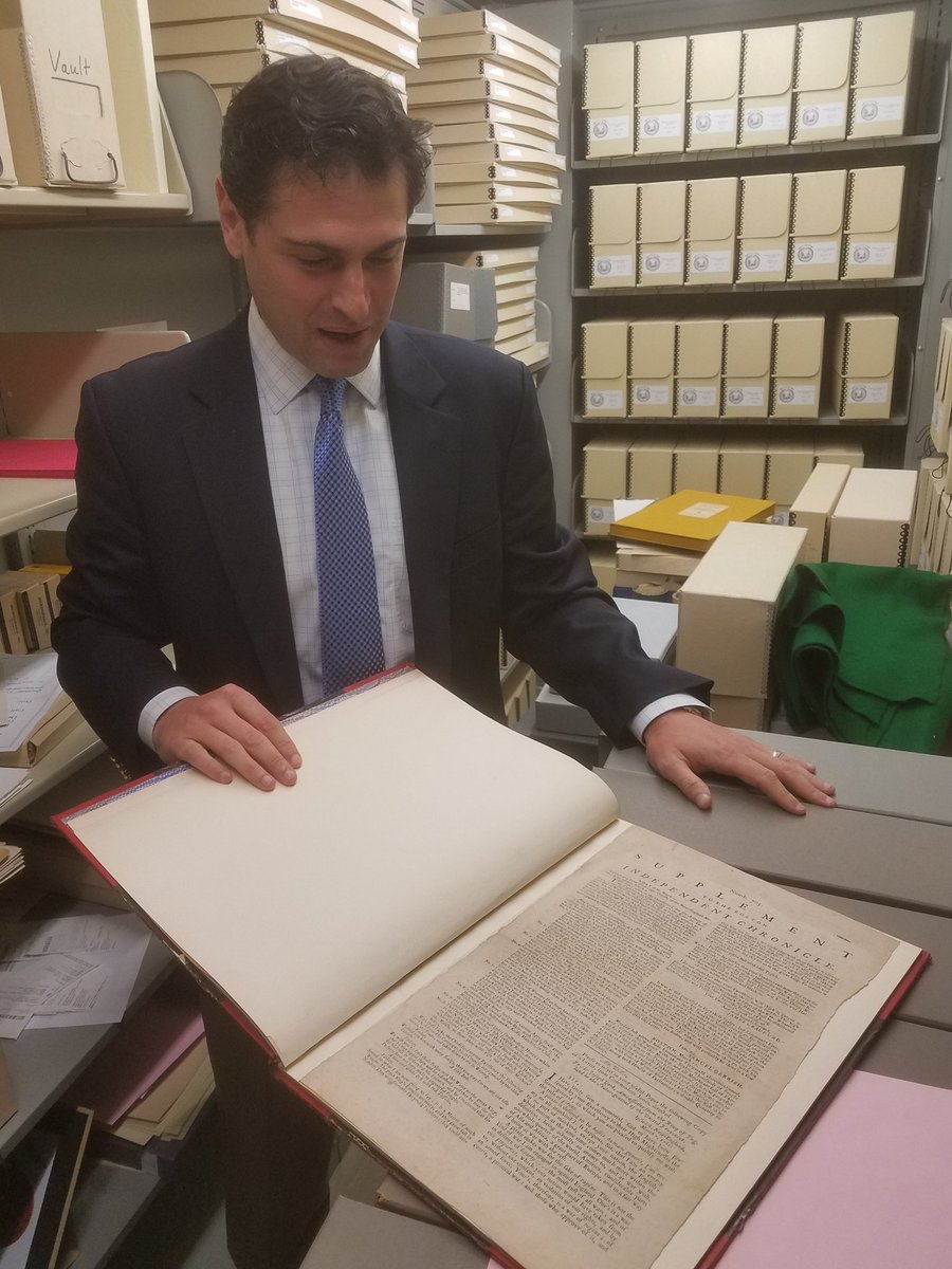 DouglasBradburn's tweet photo. Pat Spero @AmPhilSociety showing off the original #Fakenews Franklin's invented Indian massacre newspaper #SHEAR2017 https://t.co/hTAmY0Djmr