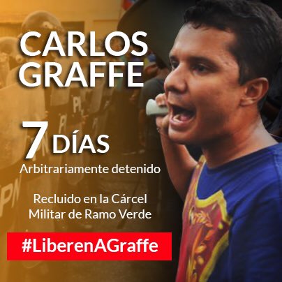 CarlosGraffe's tweet photo. Carlos Graffe, preso de la dictadura. Hoy se cumplen 7 días desde su detención. No vamos a descansar hasta liberarlo. #LiberenAGraffe https://t.co/9uns2WVibC