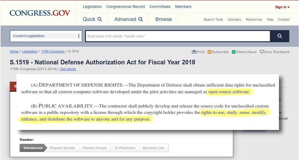 Open Source Initiative @osi@opensource.org (@opensourceorg) on Twitter photo "THIS IS HUGE" <a href="/DeptofDefense/">Department of Defense 🇺🇸</a> goes #opensource...
congress.gov/bill/115th-con… "THIS IS HUGE" <a href="/DeptofDefense/">Department of Defense 🇺🇸</a> goes #opensource...
congress.gov/bill/115th-con…