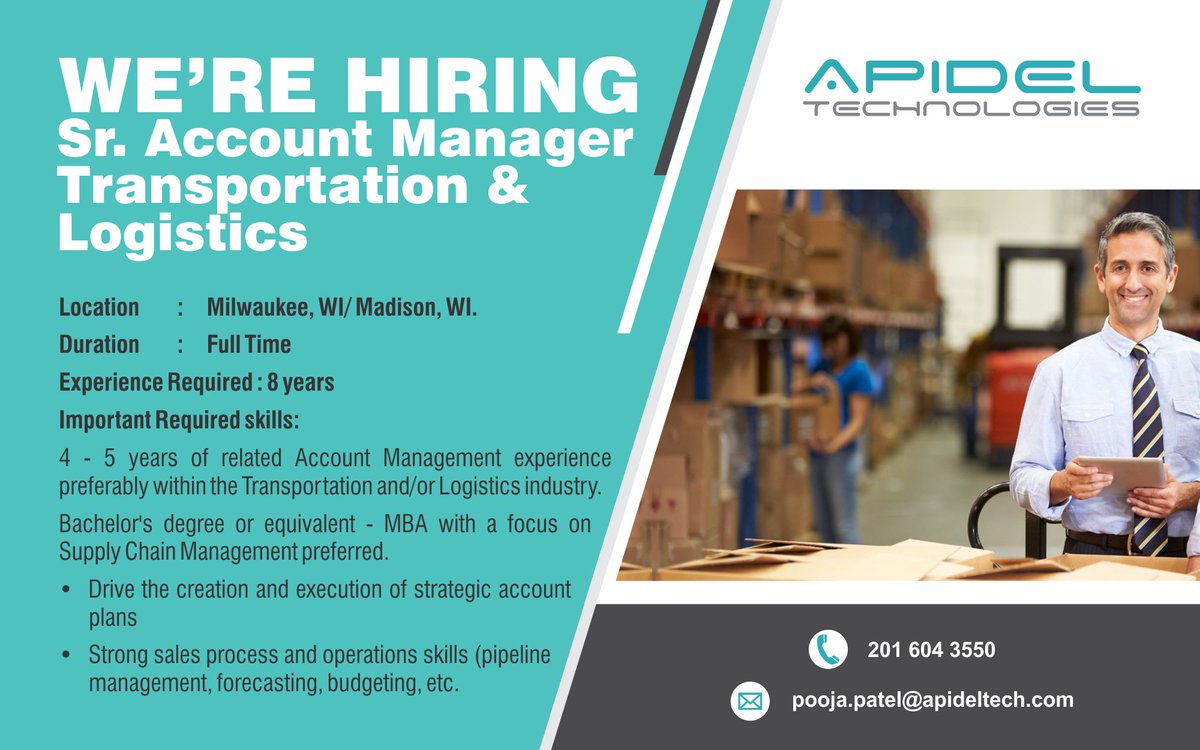 ApidelTech's tweet photo. #jobs #accountmanager #transportation #logistics #supplychain #relationshipmanagement #sales #NYC #Phoenix @ApidelAnalytics #ApidelJobs https://t.co/Qn4Ozbep10