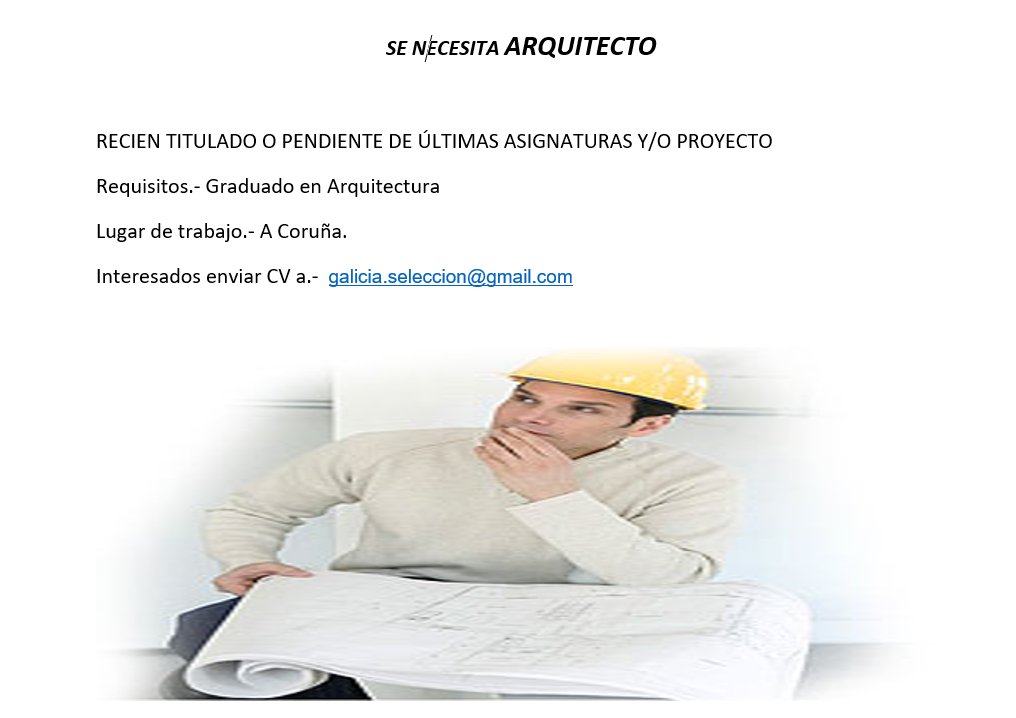 SelectRRHH's tweet image. OFERTA DE EMPLEO. Se necesita Arquitecto para Galicia. Recién titulado o pendiente ultimas asignaturas y/o proyecto. Interesado enviar CV