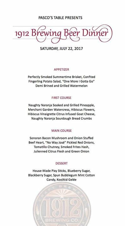 Check out the delicious beer and dinner menu planned <a href="/PascoKitchen/">Pasco Kitchen Lounge</a> on Saturday! #1912brewing #joinus