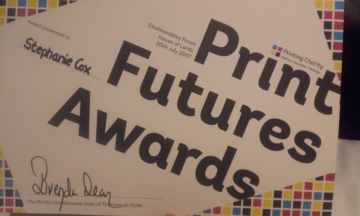 cox_stephanie's tweet photo. Thank you so much @printingcharity for a fab night, and my #PrintFutures2017 Award! Can't wait to start more training #publishing #award https://t.co/JIDgwCWAKO