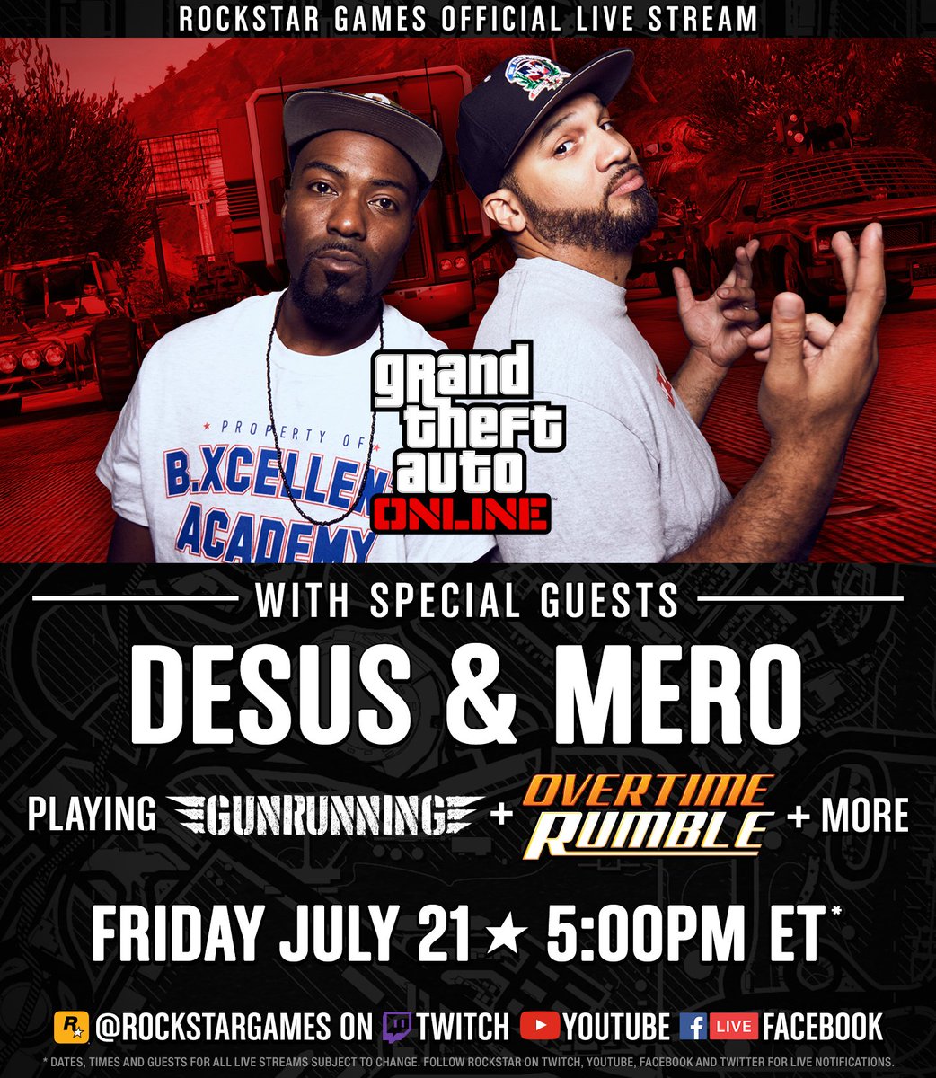 RockstarGames's tweet photo. DESUS &amp; MERO
GTA LIVE STREAM

Tomorrow Friday July 21
5pm ET

@desusnice @THEKIDMERO pull up to Rockstar NYC
Playing Gunrunning &amp; more https://t.co/iYbX7a31Iw