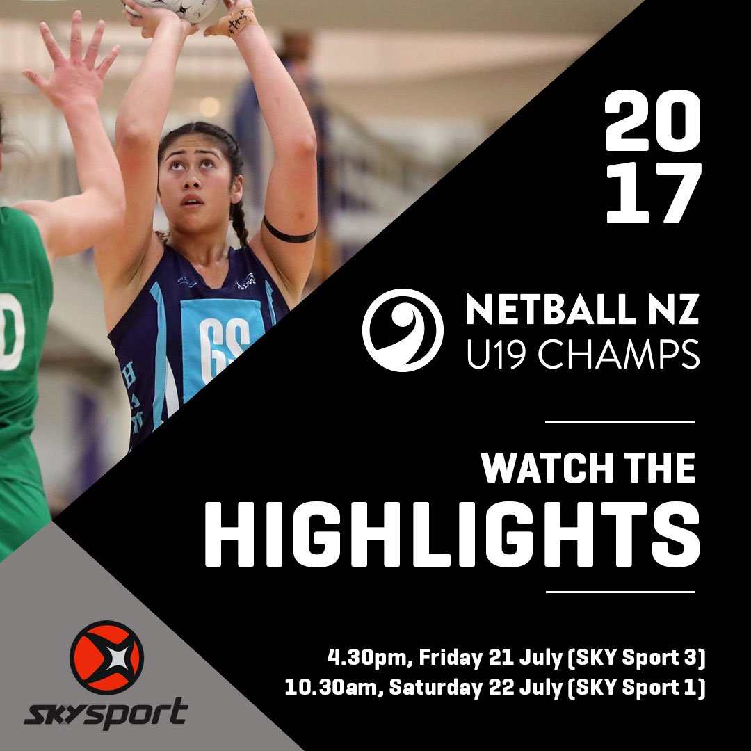 NetballNZ's tweet photo. Replays of the #NetballNZ U19 Champs highlights will be broadcast today (@skysportnz 3, 4.30pm) and tomorrow morning (SKY Sport 1, 10.30am). https://t.co/HcKlyI10NW