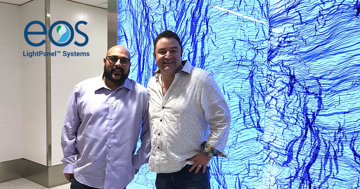eoslightpanels's tweet image. CEO Kevin Krohner and Project team Leader Mo Khalfan in front of Backlit Glass Wall. eos BASIC LightPanel™ at DeltaOne™Lounge #EOSLightPanel