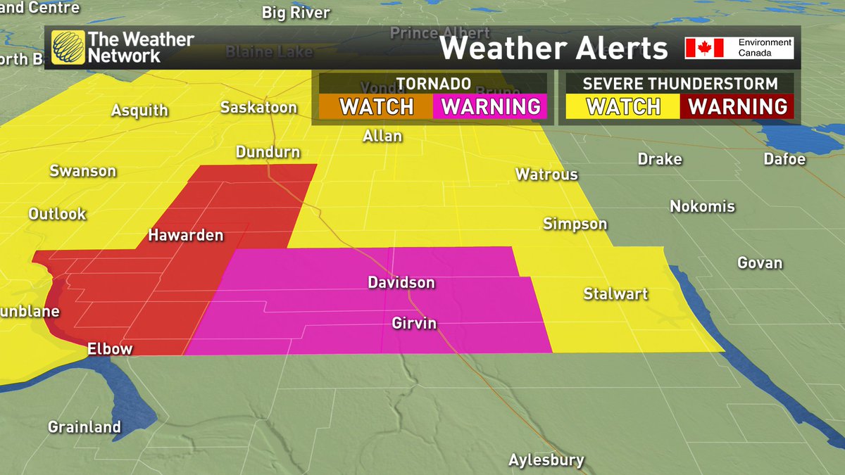 erinwenckstern's tweet photo. Tornado WARNING for #Davidson #Girvin, R.M. of #ArmRiver and #Willner. Tornado reported near #Loreburn #skstorm https://t.co/39HVR1Wx9y