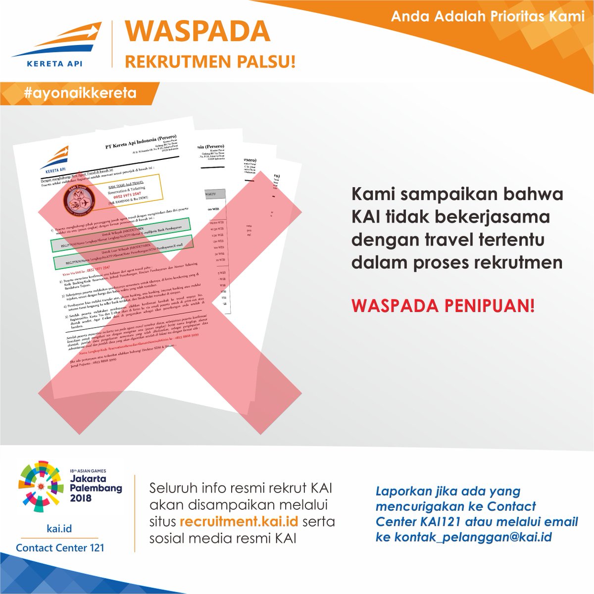 keretaapikita's tweet photo. Waspada Rekrut Palsu! KAI tidak bekerjasama dengan travel tertentu dalam proses rekrutmen https://t.co/FRtm8zco4q