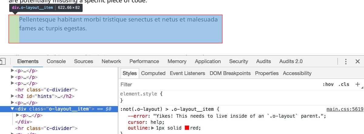 csswizardry's tweet image. Using Custom Properties to give developers warnings about code misuse: