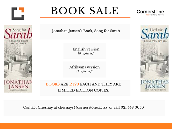 Cornerstone___'s tweet photo. #JonathanJansenBook, Song of Sarah, Price is R120. Limited editions only! Contact Chesnay at chesnay@cornerstone.ac.za or call 021 448 0050. https://t.co/gqd5LKtOk4