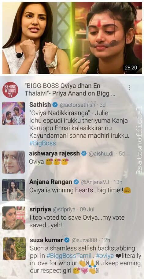 Satzunofficial's tweet photo. Few celebs Wo voiced out 4 #Oviya

More support to come 4 u girl.. Be strong

#SaveOviya #BigBossTamil #OviyaArmy #BiggBossTamil https://t.co/HzKsBG9UUY