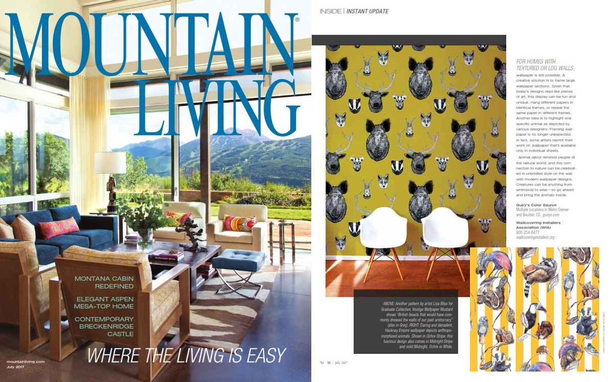 Thanks <a href="/MtnLivingMag/">Mountain Living</a> USA for featuring Vestige #wallpaper by Lisa Bliss <a href="/gradcollection/">Graduate Collection</a> in the July issue #homedecor #interiordesign