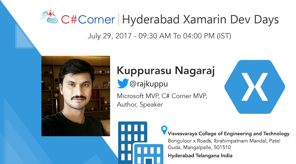 CsharpCorner's tweet image. Learn #Xamarin + #Azure from @rajkuppu at @CsharpCorner Hyderabad #XamarinDevDays! Register now: goo.gl/bYkYYU