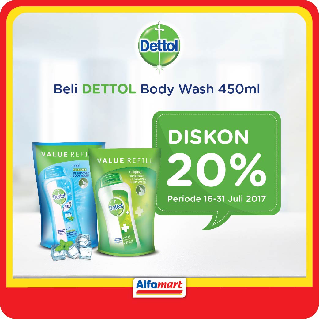Dettol Body Wash solusi tubuh terlindungi dari kuman penyebab bau badan. Dapatkan diskon di <a href="/alfamart/">Alfamart</a> hingga 31 Juli 2017. Yuk beli!