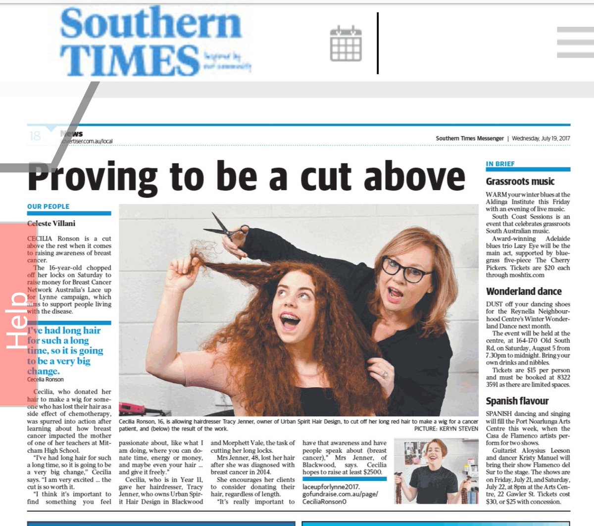 HelenMaryRonson's tweet photo. Great article by @CelesteVillani appeared in Southern Times as well as Hills and Valley Messenger #chopforchange @poppylee999 https://t.co/UGZejEp5Ck