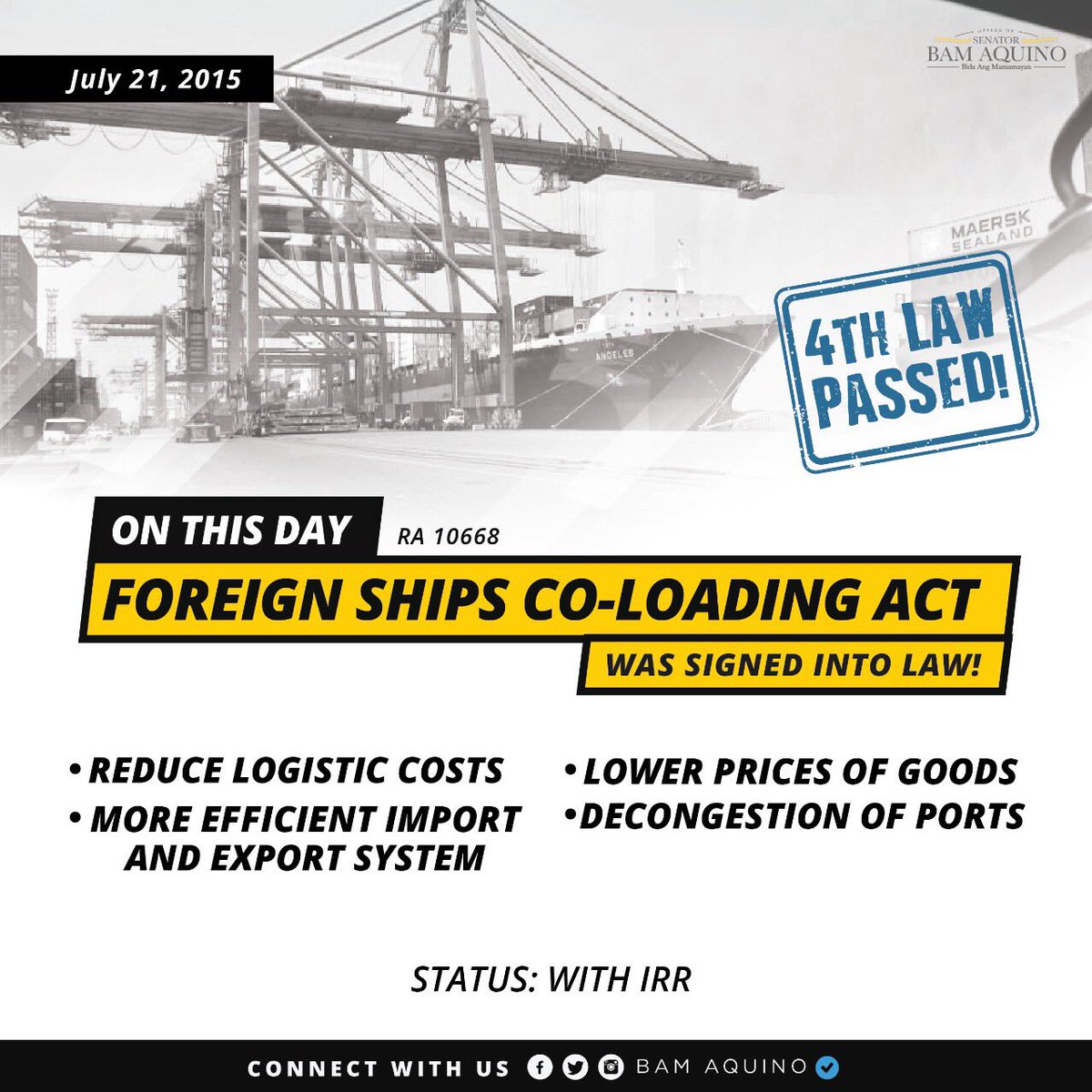 bamaquino's tweet photo. Happy Anniversary, #PHCompetition Act, #CabotagePH or the Foreign Ships Co-Loading Act &amp; #NoShortchanging Act.[TeamBam] #BamWorks #LawsByBam https://t.co/0t2xHLB3av