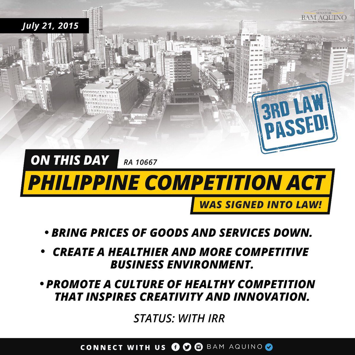 bamaquino's tweet photo. Happy Anniversary, #PHCompetition Act, #CabotagePH or the Foreign Ships Co-Loading Act &amp; #NoShortchanging Act.[TeamBam] #BamWorks #LawsByBam https://t.co/0t2xHLB3av