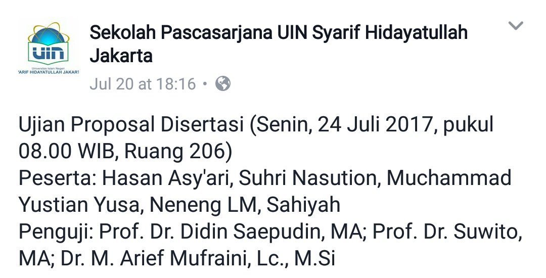 spsuinjkt's tweet photo. Ujian Proposal Disertasi, Senin, 24 Juli 2017 | @suhrinasution @YusaYushar dkk. https://t.co/zEqkRPojIv