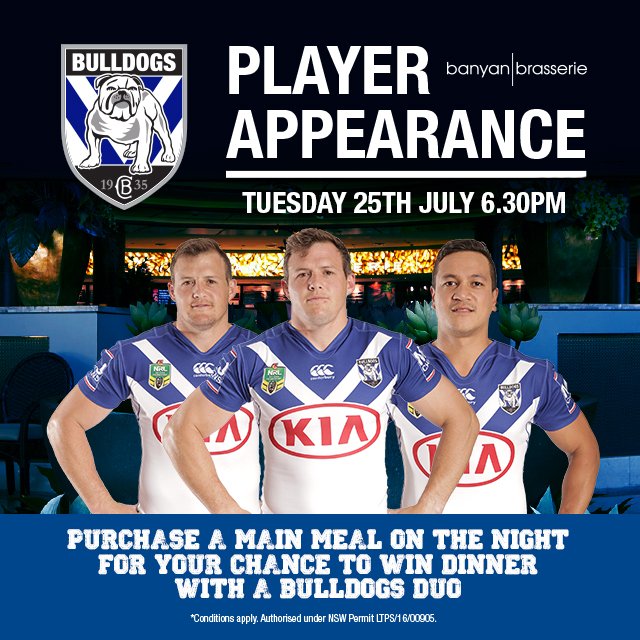 Canterbury_LC's tweet photo. BE THERE I Tomorrow meet @NRL_Bulldogs players Josh Morris, @bmozzle &amp; Chase Stanley from 6.30pm at Banyan. https://t.co/s90FRNyh7B