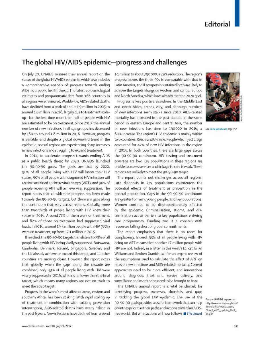 TheLancet's tweet photo. The global HIV/AIDS epidemic: progress and challenges – editorial and this week’s cover #IAS2017 #UNAIDS https://t.co/auYd1dOtdm https://t.co/MErBFjtT47