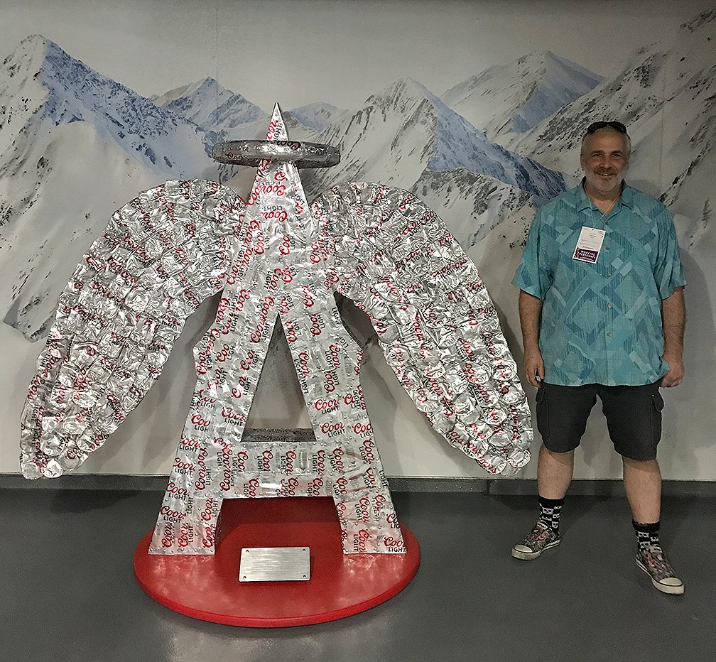 SculptorLA's tweet photo. Just made this recycled can sculpture sponsored by the LA Angeles and Coors Light.  See it at the stadium in Anaheim.  2500 screws used https://t.co/7RVsLix8A3