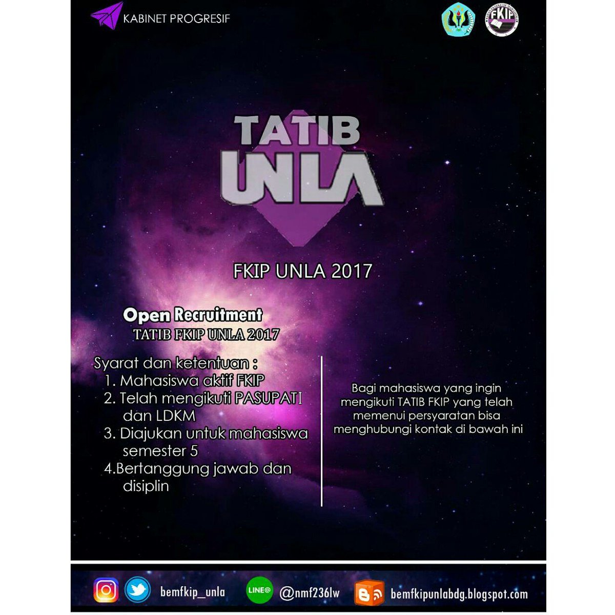 BEMFKIP_UNLA's tweet photo. -OPEN RECRUITMENT-

Dibuka pendaftaran Tatib FKIP Unla 2017

Untuk info lebih lanjut dan pendaftaran hubungi
📲 SMS/WA 085721489227 (Desya) https://t.co/FhKVYHG43E