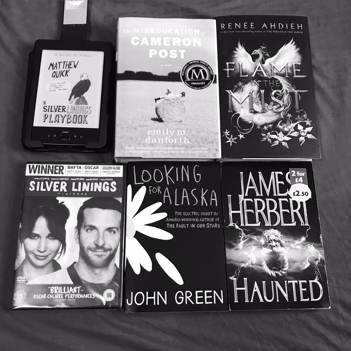 BooksWolf's tweet photo. Got my reading list for the #biannualbibliothon 1. #flameinthemist 2. #haunted 3&amp;6 #lookingforalaska 4 &amp; 5 #silverliningsplaybook... https://t.co/MIUEr8nhwZ