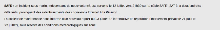 a_forestier's tweet photo. Selon @SFR_Reunion nouveau report des travaux sur le #CableSAFE. Pas avant le 23/07 ! 😠 #Internet #LaReunion https://t.co/w5fTJdtUhd