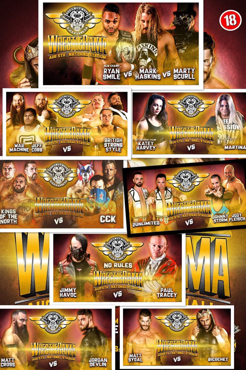 OTT_wrestling's tweet photo. #WrestleRama Aug 5th #Dublin #Foley #Scurll #Martina #Haskins #Smile #Cobb #WarMachine #BSS #KOTN #CCK #Devlin #Ricochet #Sydal #OTT ## https://t.co/Ff94SILdf0
