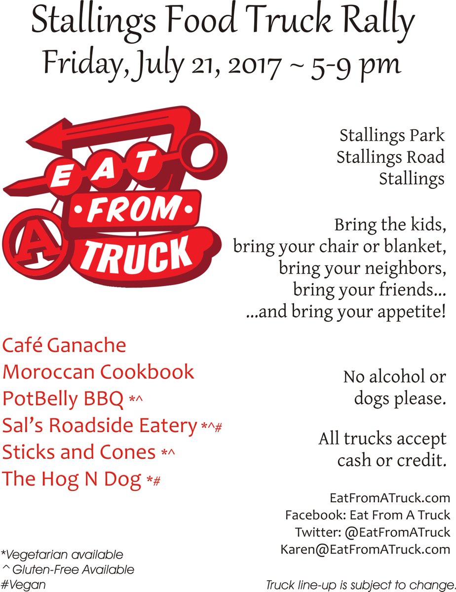 EatFromATruck's tweet photo. Come on out to Stallings Park tonight! There's a food truck rally and a spray fountain...what delicious fun! https://t.co/8DwZoBiHsm