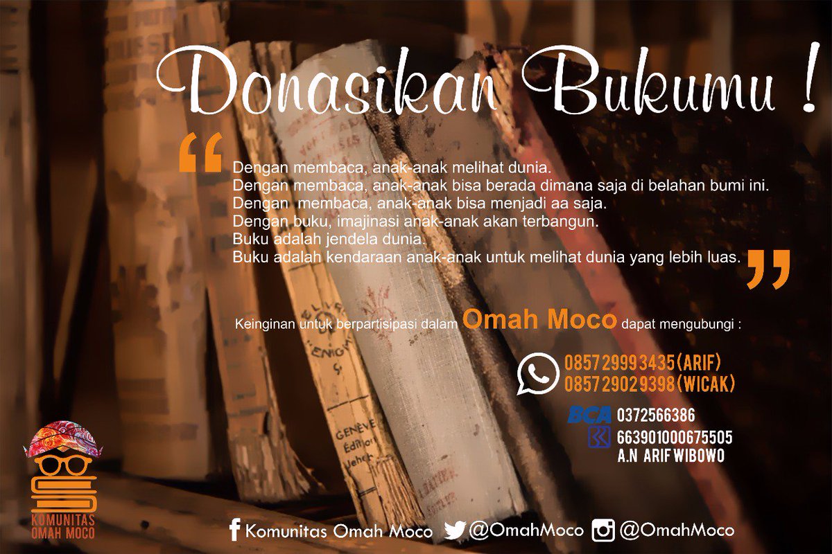 OmahMoco's tweet photo. Buku adalah jendela dunia. Ayo donasikan bukumu ke @OmahMoco l CP 085729993435 #AyoMocoBuku #OmahMoco https://t.co/Sx50fdyYKb