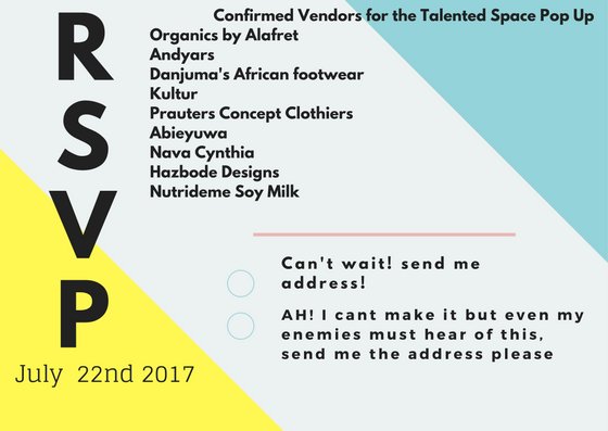 talentedspaceX's tweet photo. Join us, we've got amazing vendors all lined up, we are at Bantu Studios, 14 Fez street, Wuse 2 #Abujavendors #abujafairs #talentincubator https://t.co/YZ0bDbiGEQ