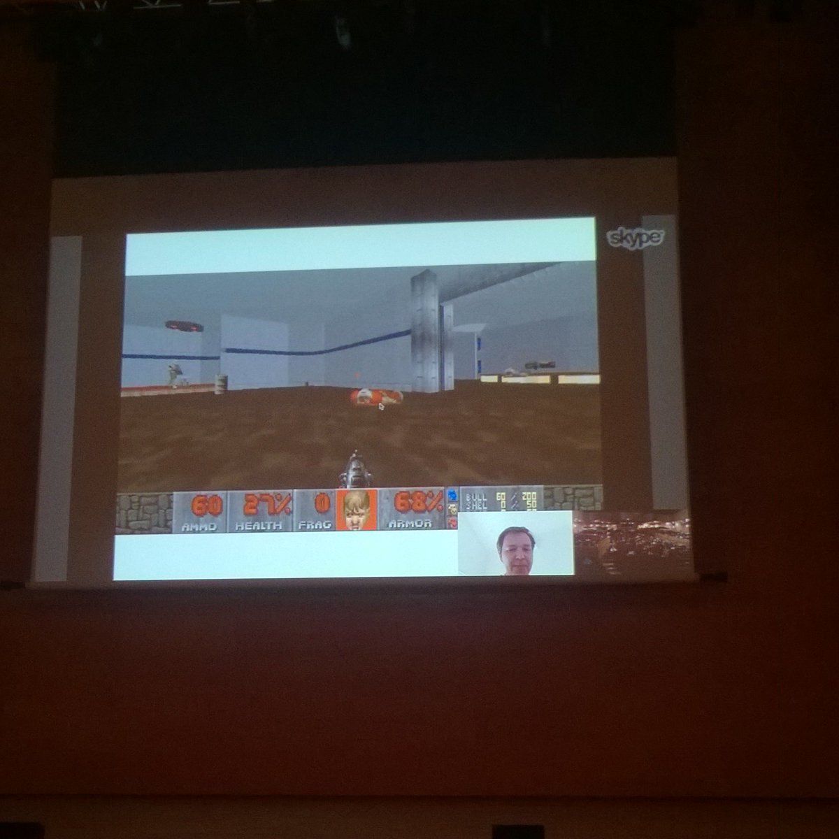 samsancho's tweet photo. Perfect Doom crushing demo by artificial player in @rsalakhu presentation #deeplearn2017 https://t.co/yKAkLU7uuH