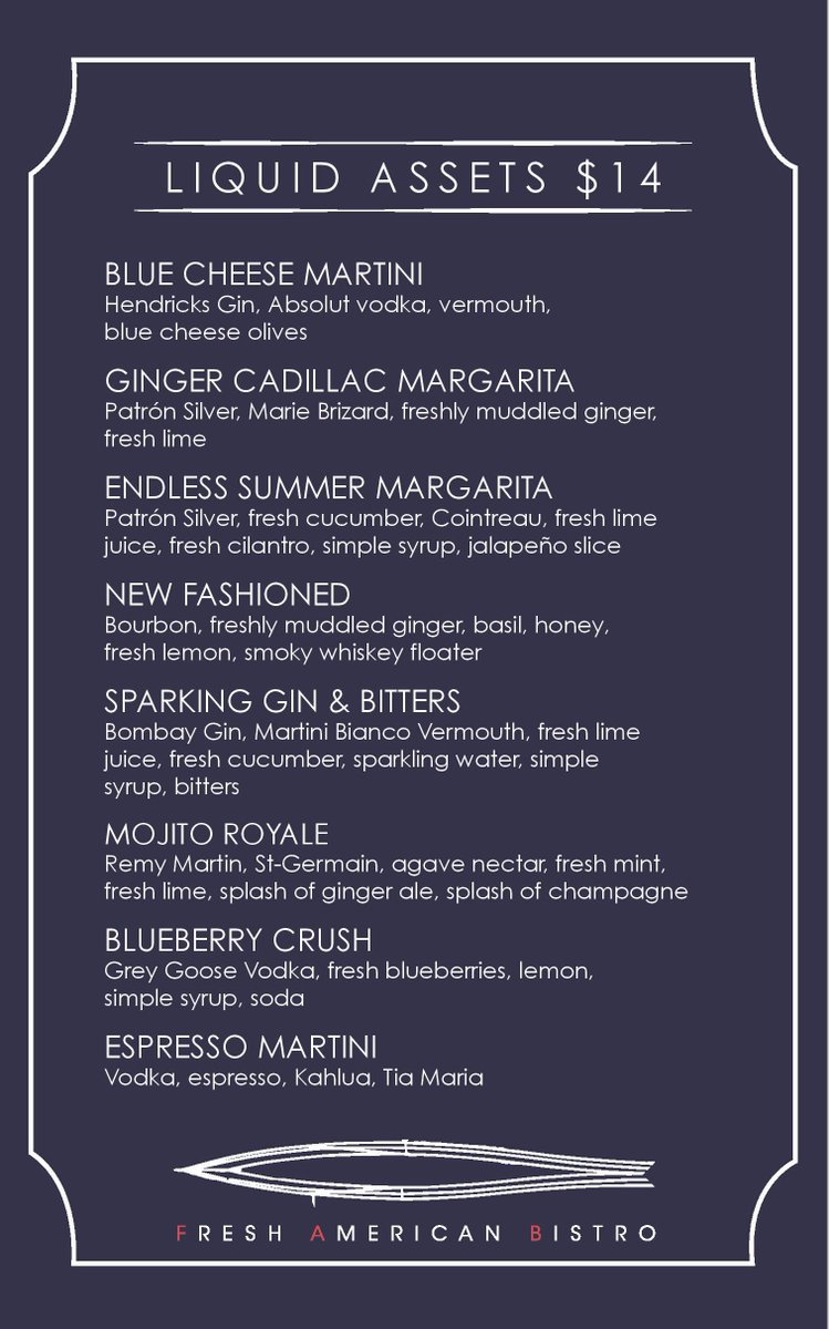 FreshAmerBistro's tweet photo. Have you tried one of our new Liquid Assets? We're shaking up some new #cocktails here at #FAB. #dineFABulously https://t.co/NnVAk4zMXj