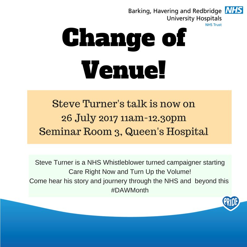BHRUT_NHS's tweet photo. Venue correction: @SteveMedGov βs talk from @care_right_now has moved to Queen's Hospital Seminar Room 3! #DAWMonth https://t.co/BUS9VUtgzL