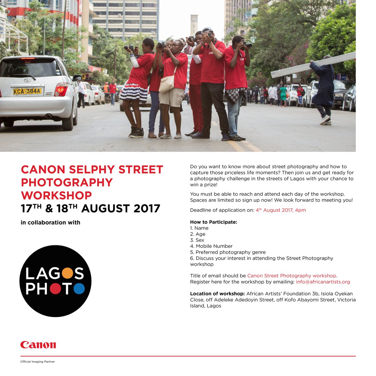 aaf_lagos's tweet photo. Want to improve your street photography? Join AAF, @CanonCNA for a workshop Aug 2017! #photographyworkshop #lagosphoto #canonworkshop #tgif https://t.co/KZONsnkvwn