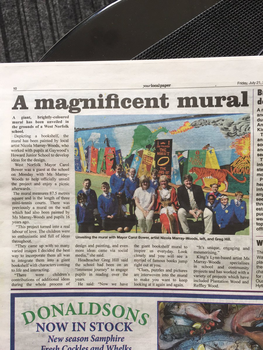 NicolaMW_Artist's tweet photo. Another lovely article about #GiantBookshelfMural. Thank you @YourLocalPaper. @HowardJuniorSch @WestNorfolkBC https://t.co/bGDai7Jr3r