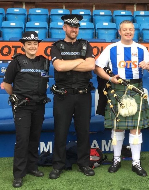 PSOSEAyrshire's tweet photo. Pipeathon 2017 - 5 days 42 stadiums - local officers at Rugby Park with MSP Stewart McMillan raising money for charity. #Pipeathon2017 https://t.co/7daiCwuyIf